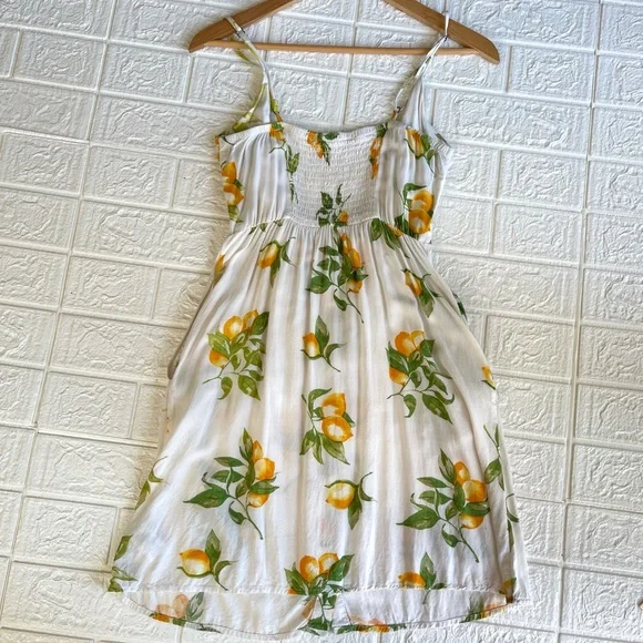 White Lemon Print Tie Front Noodle Strap A-line Mini Dress - Picture 16 of 16